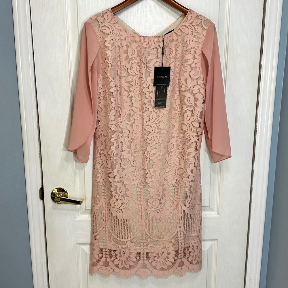 COOAN Women Pink Floral Lace Chiffon Sleeve Cocktail Party Dress Large Y-01-2 - Picture 11 of 11